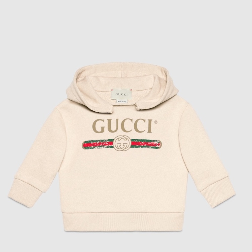 Gucci Cream Kids Hoodie with Logo and Web Stripe